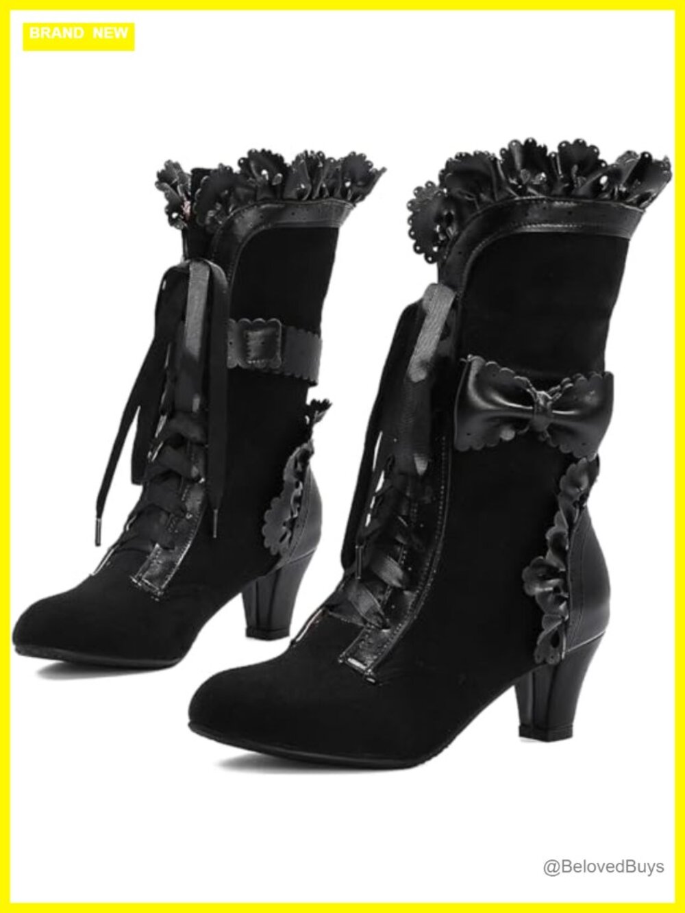 Mid Calf Faux Suede Lace Up Mid Heel Victorian Boots